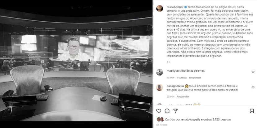 William Bonner lamentou morte nas redes sociais (Foto: Reprodução/Instagram) William Bonner lamentou morte nas redes sociais (Foto: Reprodução/Instagram)