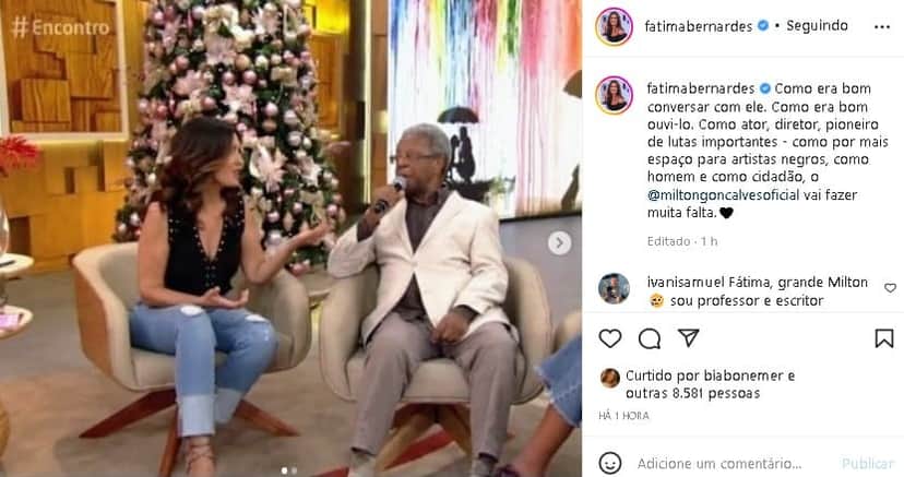 Fátima Bernardes lamentou a morte de Milton Gonçalves (Foto: Reprodução/ Instagram) Fátima Bernardes lamentou a morte de Milton Gonçalves (Foto: Reprodução/ Instagram)