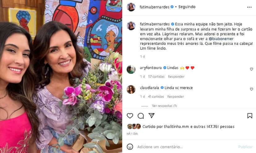 Fátima Bernardes posou ao lado da filha, Bia Bonemer (Foto: Reprodução/ Instagram) Fátima Bernardes posou ao lado da filha, Bia Bonemer (Foto: Reprodução/ Instagram)