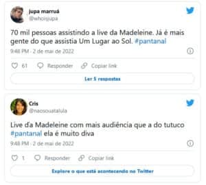 Madeleine (Karine Teles) fez uma live bombástica com Zaquieu (Silvero Pereira) em Pantanal e internautas debocharam de Arthur Aguiar (Foto: Reprodução / Twitter) Madeleine (Karine Teles) fez uma live bombástica com Zaquieu (Silvero Pereira) em Pantanal e internautas debocharam de Arthur Aguiar (Foto: Reprodução / Twitter)