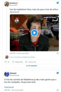 Madeleine (Karine Teles) fez uma live com Zaquieu (Silvero Pereira) em Pantanal e internautas debocharam do campeão do BBB22 (Foto: Reprodução / Twitter) Madeleine (Karine Teles) fez uma live com Zaquieu (Silvero Pereira) em Pantanal e internautas debocharam do campeão do BBB22 (Foto: Reprodução / Twitter)