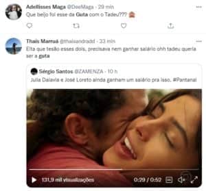 Pantanal: Cena de sexo entre Guta (Julia Dalavia) e Tadeu (José Loreto) movimentou as redes sociais (Foto: Reprodução / Globo) Pantanal: Cena de sexo entre Guta (Julia Dalavia) e Tadeu (José Loreto) movimentou as redes sociais (Foto: Reprodução / Globo)