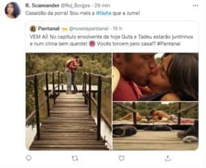 Tadeu e Guta mostram que tem química em Pantanal (Foto: Reprodução / Twitter) Tadeu e Guta mostram que tem química em Pantanal (Foto: Reprodução / Twitter)