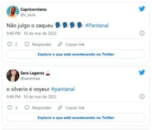 Jove (Jesuíta Barbosa) e Juma (Alanis Guillen) decidiram dar um mergulho na piscina em "Pantanal" e internautas reagiram (Foto: Reprodução / Twitter) Jove (Jesuíta Barbosa) e Juma (Alanis Guillen) decidiram dar um mergulho na piscina em "Pantanal" e internautas reagiram (Foto: Reprodução / Twitter)
