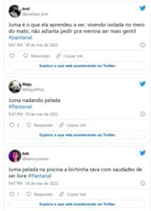Jove (Jesuíta Barbosa) e Juma (Alanis Guillen) decidiram dar um mergulho na piscina em "Pantanal" e internautas reagiram (Foto: Reprodução / Twitter) Jove (Jesuíta Barbosa) e Juma (Alanis Guillen) decidiram dar um mergulho na piscina em "Pantanal" e internautas reagiram (Foto: Reprodução / Twitter)