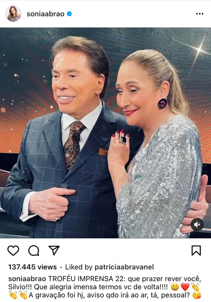 Sonia Abrão expõe ida à programa do SBT e faz anúncio com Silvio Santos: “Alegria ter você de volta” Sonia Abrão expõe ida à programa do SBT e faz anúncio com Silvio Santos: “Alegria ter você de volta”
