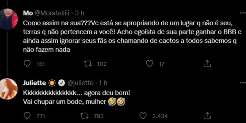 Juliette rebate internauta após acusação inusitada - Reprodução Twitter Juliette rebate internauta após acusação inusitada - Reprodução Twitter