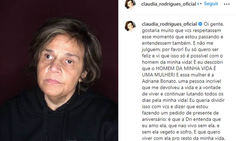 Claudia Rodrigues se assume nas redes sociais, faz declaração e pedido Claudia Rodrigues se assume nas redes sociais, faz declaração e pedido