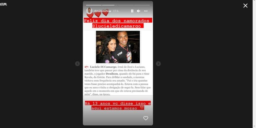 Reportagem antiga sobre a distância de Denílson e Luciele Di Camargo compartilhada pelo ex-craque no dia dos namorados Reportagem antiga sobre a distância de Denílson e Luciele Di Camargo compartilhada pelo ex-craque no dia dos namorados