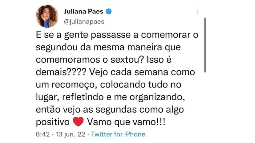 Post polêmico de Juliana Paes nas redes sociais (Foto: Reprodução/Twitter) Post polêmico de Juliana Paes nas redes sociais (Foto: Reprodução/Twitter)