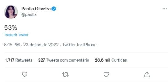 Paolla Oliveira publica suposto apoio a Lula (Foto: Reprodução/Twitter) Paolla Oliveira publica suposto apoio a Lula (Foto: Reprodução/Twitter)
