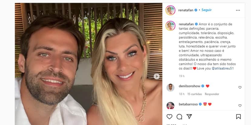 Renata Fan expõe relação, declara amor em textão e recebe recado de Denílson: "Querer viver junto" Renata Fan expõe relação, declara amor em textão e recebe recado de Denílson: "Querer viver junto"