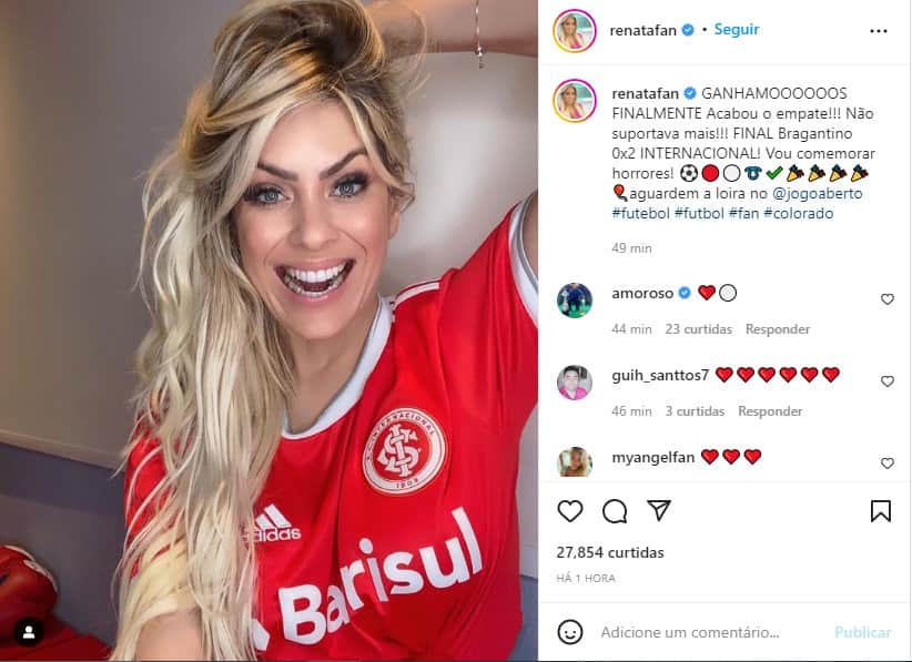 Renata Fan celebra vitória do Internacional - Foto: Reprodução Renata Fan celebra vitória do Internacional - Foto: Reprodução