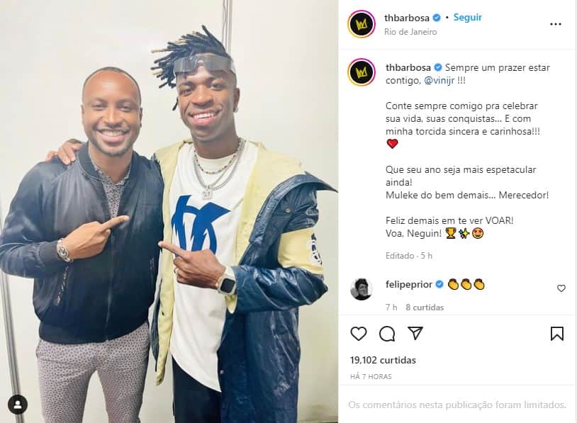 Thiaguinho se declara ao grande parceiro, Vinícius Jr. - Foto: Reprodução Thiaguinho se declara ao grande parceiro, Vinícius Jr. - Foto: Reprodução
