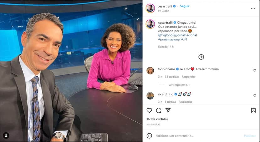 César Tralli ao lado de Aline Aguiar na bancada do Jornal Nacional - Foto: Reprodução César Tralli ao lado de Aline Aguiar na bancada do Jornal Nacional - Foto: Reprodução