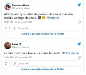 Internautas aprovaram Maria Bruaca (Isabel Teixeira) com Alcides (Juliano Cazarré) em Pantanal (Foto: Reprodução / Twitter) Internautas aprovaram Maria Bruaca (Isabel Teixeira) com Alcides (Juliano Cazarré) em Pantanal (Foto: Reprodução / Twitter)