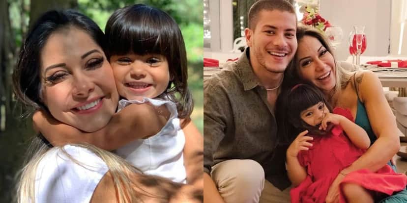 Maíra Cardi com seu marido Arthur Aguiar e a filha Sophia (Reprodução: Montagem TV Foco) Maíra Cardi com seu marido Arthur Aguiar e a filha Sophia (Reprodução: Montagem TV Foco)