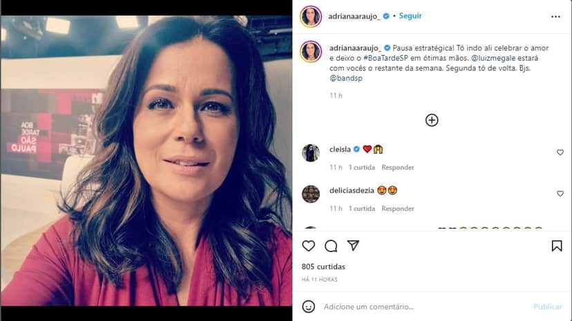 Adriana Araújo comunica saída da Band - Foto: Reprodução Adriana Araújo comunica saída da Band - Foto: Reprodução