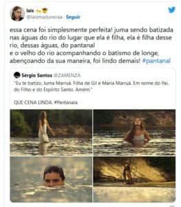 Público ficou em polvorosa com batismo de Juma em Pantanal e lembraram de tramas bíblicas (Foto: Reprodução / Twitter) Público ficou em polvorosa com batismo de Juma em Pantanal e lembraram de tramas bíblicas (Foto: Reprodução / Twitter)