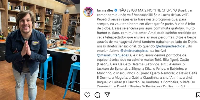 Lucas Salles faz textão de despedida aós sair do The Chef Lucas Salles faz textão de despedida aós sair do The Chef