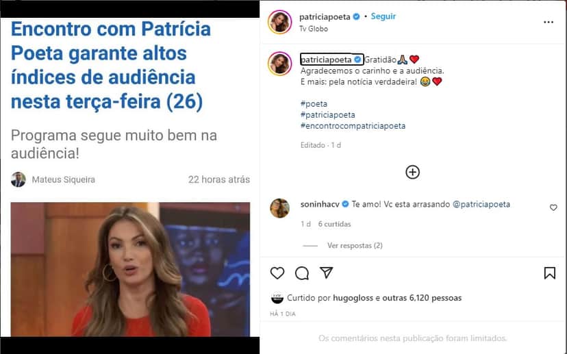 Patrícia Poeta explode com indireta após ser criticada - Foto: Reprodução Patrícia Poeta explode com indireta após ser criticada - Foto: Reprodução