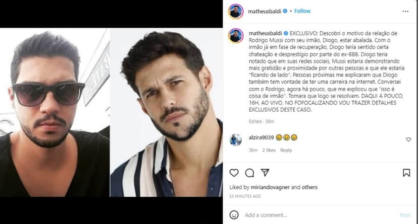 Matheus Baldi escancara motivo de briga entre Diogo e Rodrigo Mussi (Foto: Reprodução/Instagram) Matheus Baldi escancara motivo de briga entre Diogo e Rodrigo Mussi (Foto: Reprodução/Instagram)
