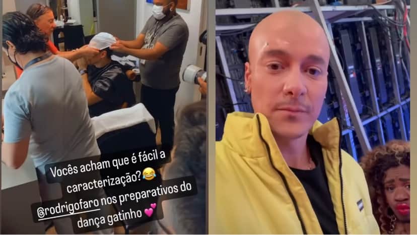 Rodrigo Faro na cadeira de maquiagem e ao lado de Pigmeu, totalmente careca Rodrigo Faro na cadeira de maquiagem e ao lado de Pigmeu, totalmente careca