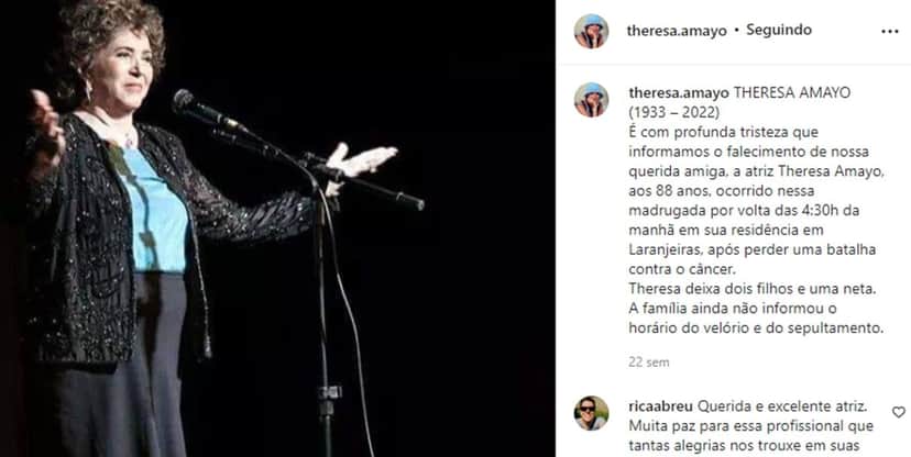 Nota de falecimento da atriz veterana Theresa Amayo Nota de falecimento da atriz veterana Theresa Amayo