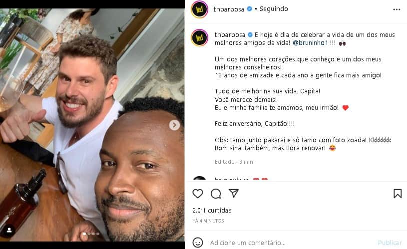 Thiaguinho se derreteu na legenda da publicação por seu parceiro, Bruninho (Foto: Reprodução/ Instagram) Thiaguinho se derreteu na legenda da publicação por seu parceiro, Bruninho (Foto: Reprodução/ Instagram)