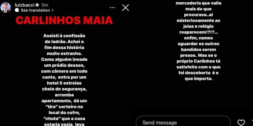 Após o Fantástico exibir entrevista com autor do roubo no apartamento do influenciador Carlinhos Maia, o apresentador Luiz Bacci se pronunciou sobre o assunto - Reprodução Após o Fantástico exibir entrevista com autor do roubo no apartamento do influenciador Carlinhos Maia, o apresentador Luiz Bacci se pronunciou sobre o assunto - Reprodução
