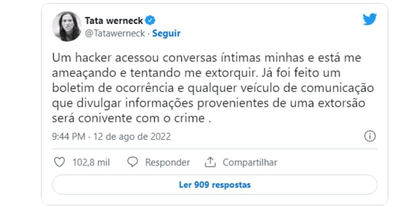 Tatá Werneck tem conversas íntimas acessadas por hacker - Reprodução Twitter Tatá Werneck tem conversas íntimas acessadas por hacker - Reprodução Twitter