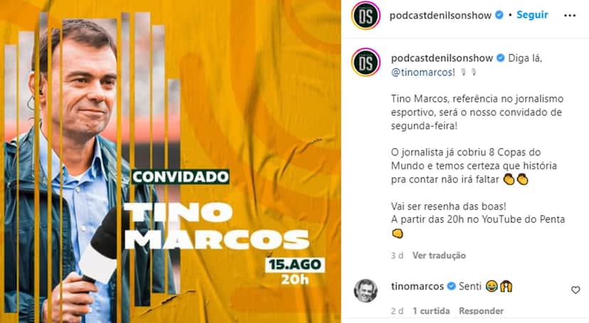 Denílson anuncia participação de Tino Marcos, demitido da Globo, em seu podcast Denílson anuncia participação de Tino Marcos, demitido da Globo, em seu podcast