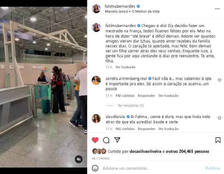 Fátima Bernardes decidiu se despedir da filha no aeroporto (Foto: Reprodução/ Instagram)