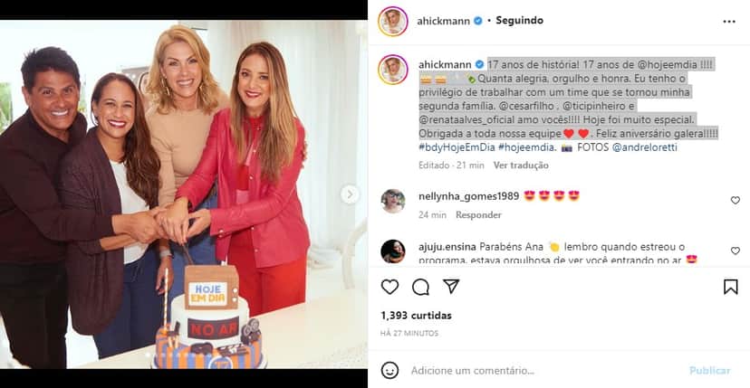 Ana Hickmann comemora 17 anos do Hoje em Dia (Foto: Reprodução) Ana Hickmann comemora 17 anos do Hoje em Dia (Foto: Reprodução)