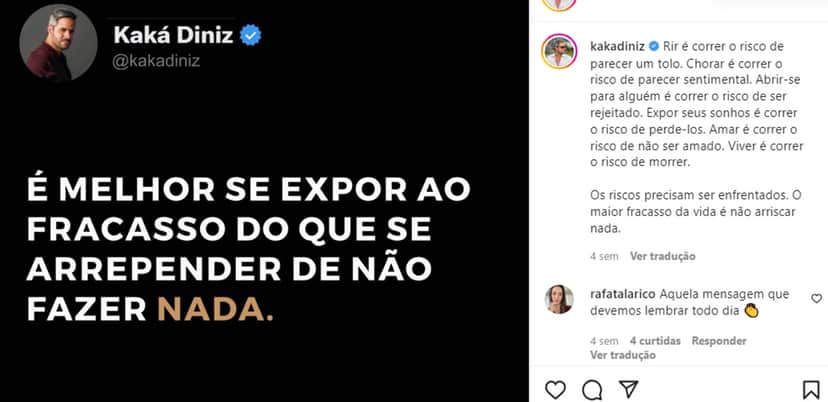 Kaká Diniz faz desabafo e deixa recado aos seguidores Kaká Diniz faz desabafo e deixa recado aos seguidores