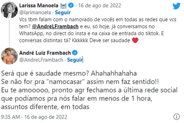 Larissa Manoela e seu namorado trocam mensagens públicas no Twitter Larissa Manoela e seu namorado trocam mensagens públicas no Twitter
