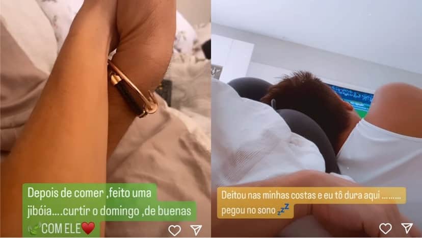 Poliana Rocha mostra estar de mãos dadas com Leonardo e o cantor dormindo nas costas dela Poliana Rocha mostra estar de mãos dadas com Leonardo e o cantor dormindo nas costas dela