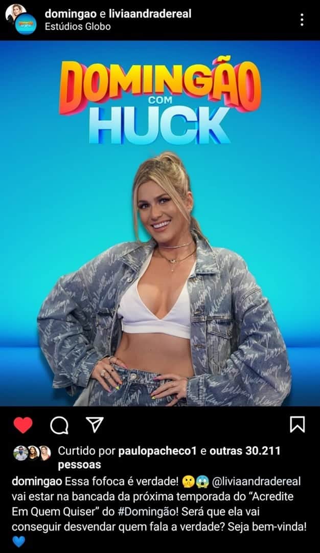 Apresentadora Lívia Andrade comenta quadro no ‘Domingão’ e intriga fãs com participação no programa Apresentadora Lívia Andrade comenta quadro no ‘Domingão’ e intriga fãs com participação no programa