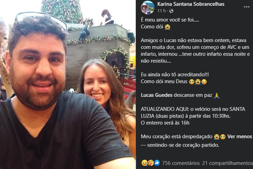 Esposa de Lucas Guedes lamenta morte do marido - Foto: Reprodução Esposa de Lucas Guedes lamenta morte do marido - Foto: Reprodução
