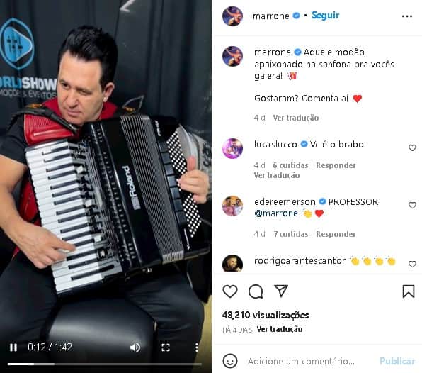 Marrone ganhou mensagem de Lucas Lucco (Foto: Reprodução/ Instagram) Marrone ganhou mensagem de Lucas Lucco (Foto: Reprodução/ Instagram)