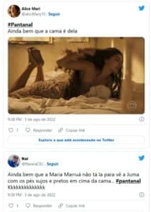 No twitter os fãs de Pantanal comentaram sobre o fato de Juma estar deitada na cama com os pés sujos (Foto: Reprodução / Twitter) No twitter os fãs de Pantanal comentaram sobre o fato de Juma estar deitada na cama com os pés sujos (Foto: Reprodução / Twitter)