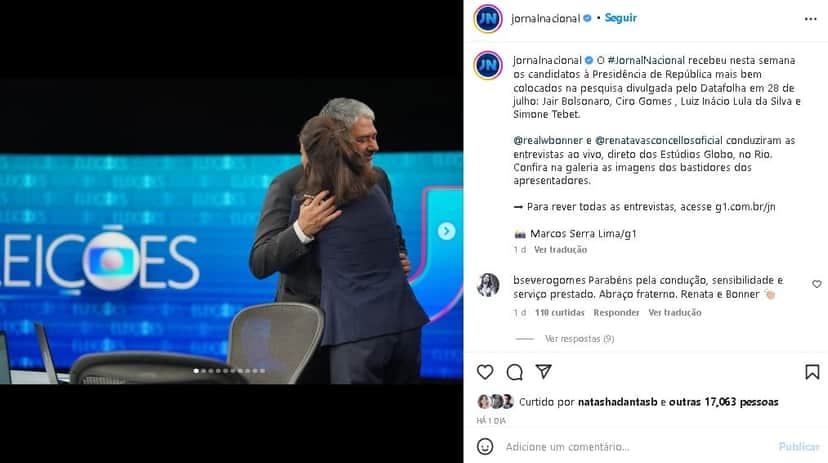 Renata Vasconcellos e William Bonner surgiram abraçados nos bastidores da Globo (Foto: Reprodução/ Instagram) Renata Vasconcellos e William Bonner surgiram abraçados nos bastidores da Globo (Foto: Reprodução/ Instagram)