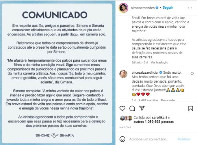 Comunicado do fim da dupla Simone e Simaria (Foto: Reprodução/Instagram) Comunicado do fim da dupla Simone e Simaria (Foto: Reprodução/Instagram)