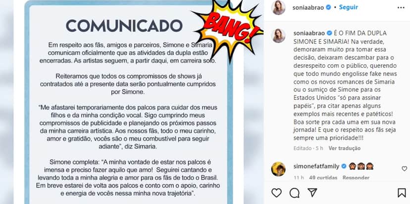Ausente das telas, Sonia Abrão expõe comunicado do fim de Simone e Simaria e detona recado Ausente das telas, Sonia Abrão expõe comunicado do fim de Simone e Simaria e detona recado