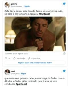 Em Pantanal, Tadeu (José Loreto) teve que ser contido por Tibério (Guito) após causar briga (Foto: Reprodução / Twitter) Em Pantanal, Tadeu (José Loreto) teve que ser contido por Tibério (Guito) após causar briga (Foto: Reprodução / Twitter)