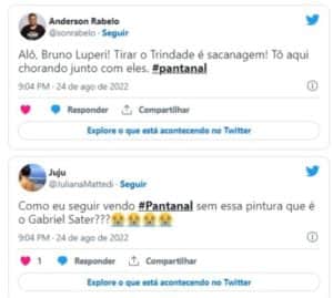 Pantanal é detonada depois de chuva de lágrimas e ‘sofrência’ exagerada em despedida de Trindade (Gabriel Sater) e Irma (Camila Morgado) (Foto: Reprodução / Twitter) Pantanal é detonada depois de chuva de lágrimas e ‘sofrência’ exagerada em despedida de Trindade (Gabriel Sater) e Irma (Camila Morgado) (Foto: Reprodução / Twitter)