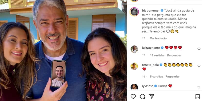 William Bonner recebe homenagem de Dia dos Pais de Beatriz Bonemer e publica registro com os irmãos William Bonner recebe homenagem de Dia dos Pais de Beatriz Bonemer e publica registro com os irmãos