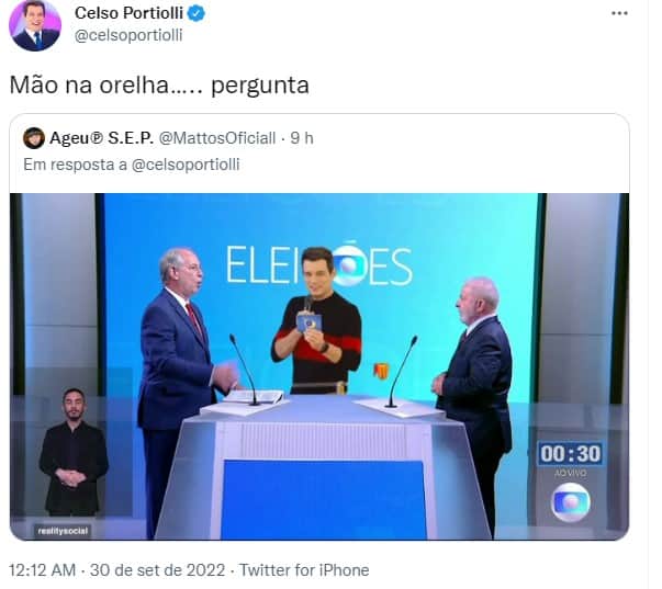 Celso Portiolli brincou com a bancada do debate da Globo e compartilhou uma montagem em que aparece no lugar de William Bonner- Foto: Reprodução Celso Portiolli brincou com a bancada do debate da Globo e compartilhou uma montagem em que aparece no lugar de William Bonner- Foto: Reprodução