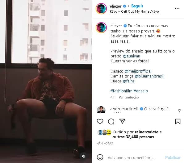 Eliezer surgiu sensualizando em vídeo e Viih Tube não se aguentou (Foto: Reprodução/ Instagram) Eliezer surgiu sensualizando em vídeo e Viih Tube não se aguentou (Foto: Reprodução/ Instagram)