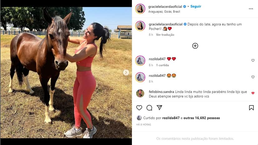 Graciele Lacerda ganha cavalo de presente de Zezé Di Camargo - Foto: Reprodução Graciele Lacerda ganha cavalo de presente de Zezé Di Camargo - Foto: Reprodução